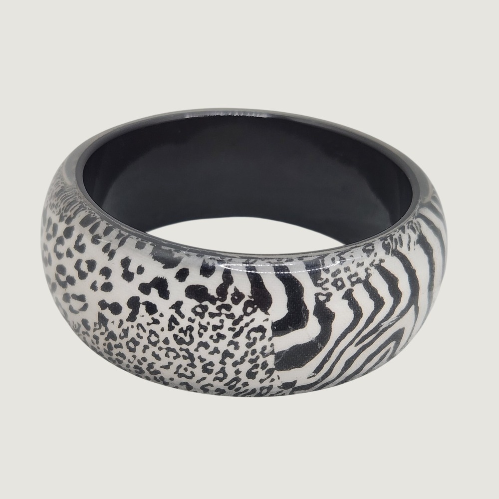 Vintage Animal Print Bangle Bracelet Wide Lucite Black White Zebra Leopard Resin